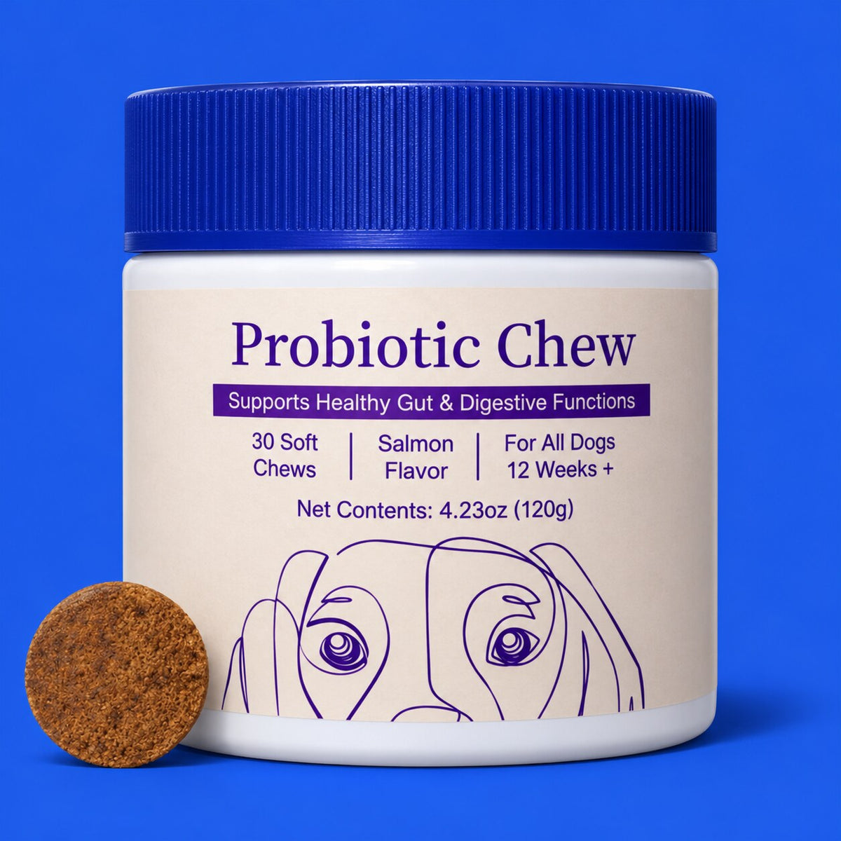 Woofs Probiotic Chew tub and a soft chew