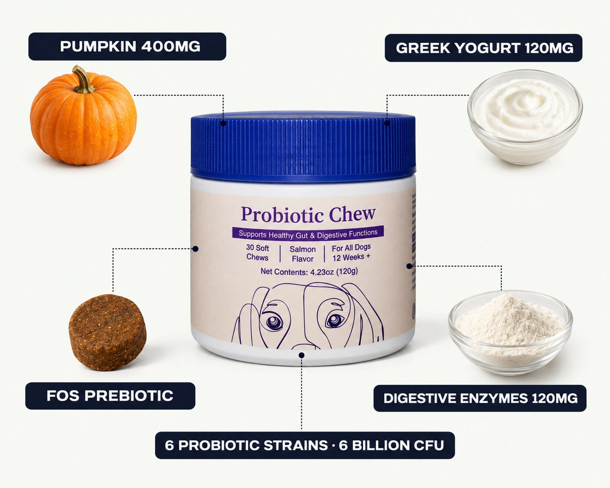 Woofs ingredients: probiotics, pumpkin, enzymes, Greek yogurt, FOS