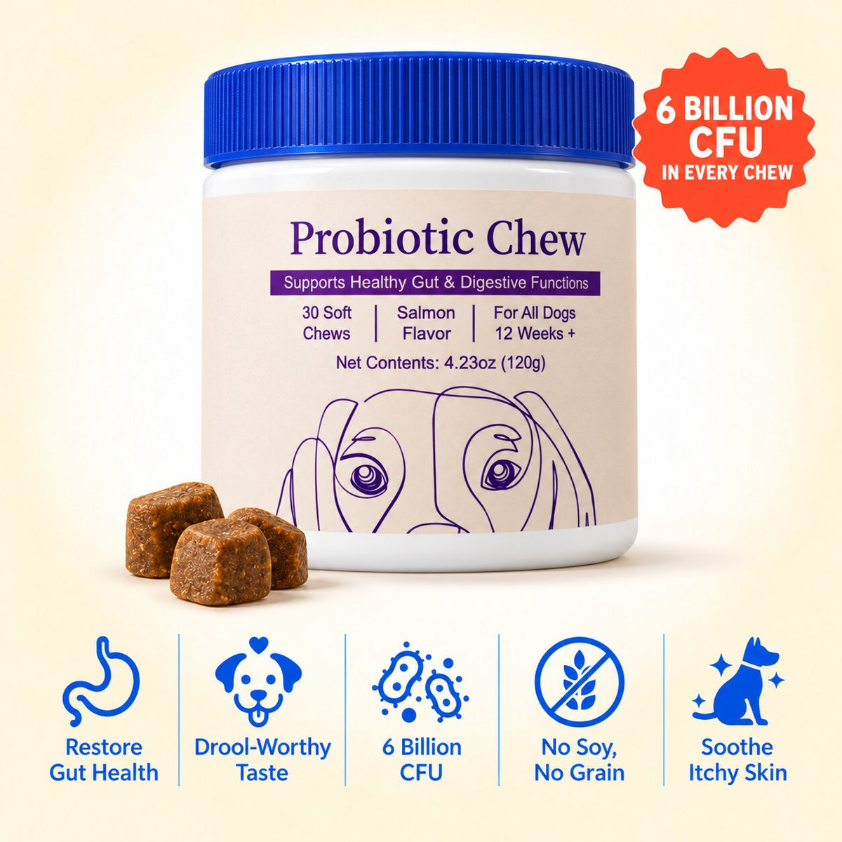 Woofs Probiotic Chews tub, 6 billion CFU in every chew